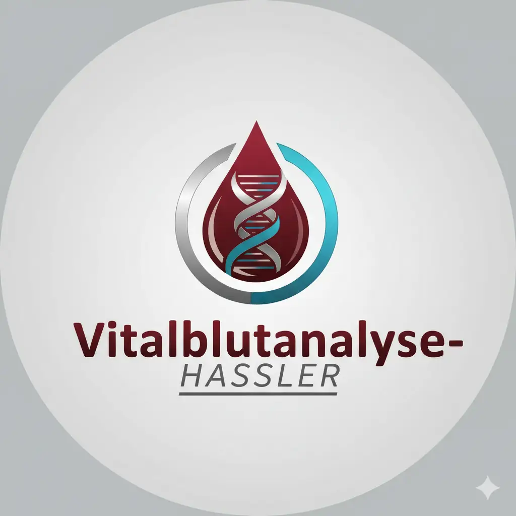 Logo der Vitalblutanalyse: Ein roter Blutstropfen mit einer silber-blauen DNA-Doppelhelix im Inneren, umgeben von einem halb silbernen und halb türkisfarbenen Pfeilkreis. Steht für genetische und Blutanalyse.