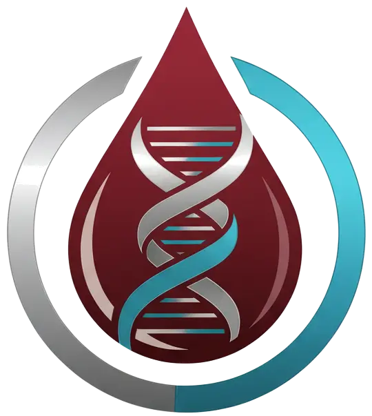 Logo der Vitalblutanalyse: Ein roter Blutstropfen mit einer silber-blauen DNA-Doppelhelix im Inneren, umgeben von einem halb silbernen und halb türkisfarbenen Pfeilkreis. Steht für genetische und Blutanalyse.