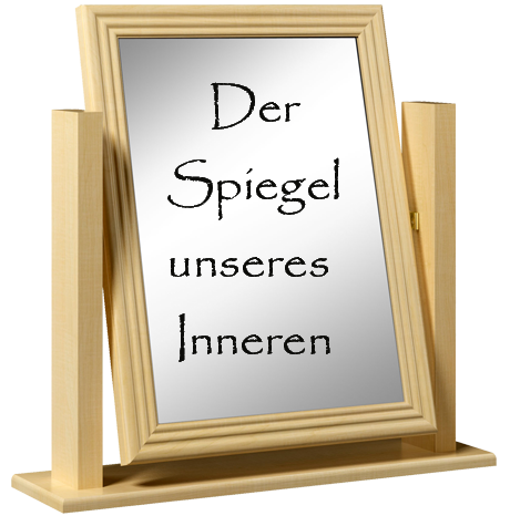Tischspiegel mit hellem Holzrahmen, auf dessen Spiegelfläche der Text „Der Spiegel unseres Inneren“ in schwarzer Schrift zu lesen ist. Symbolbild für Selbstreflexion und Psychologie.